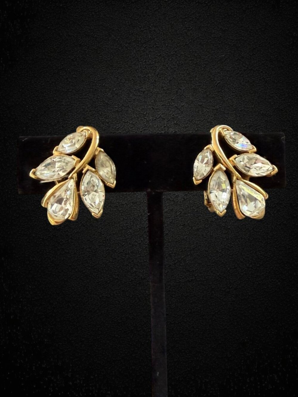 Vintage Trifari Rhinestone Leaf Spray Clip-On Marquise Earrings Gold Tone Bridal
